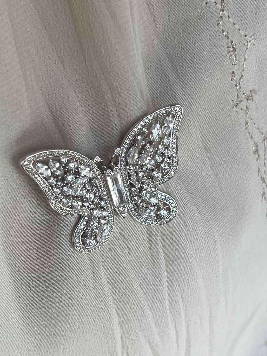 Butterfly silver brooch with cubic zirconia