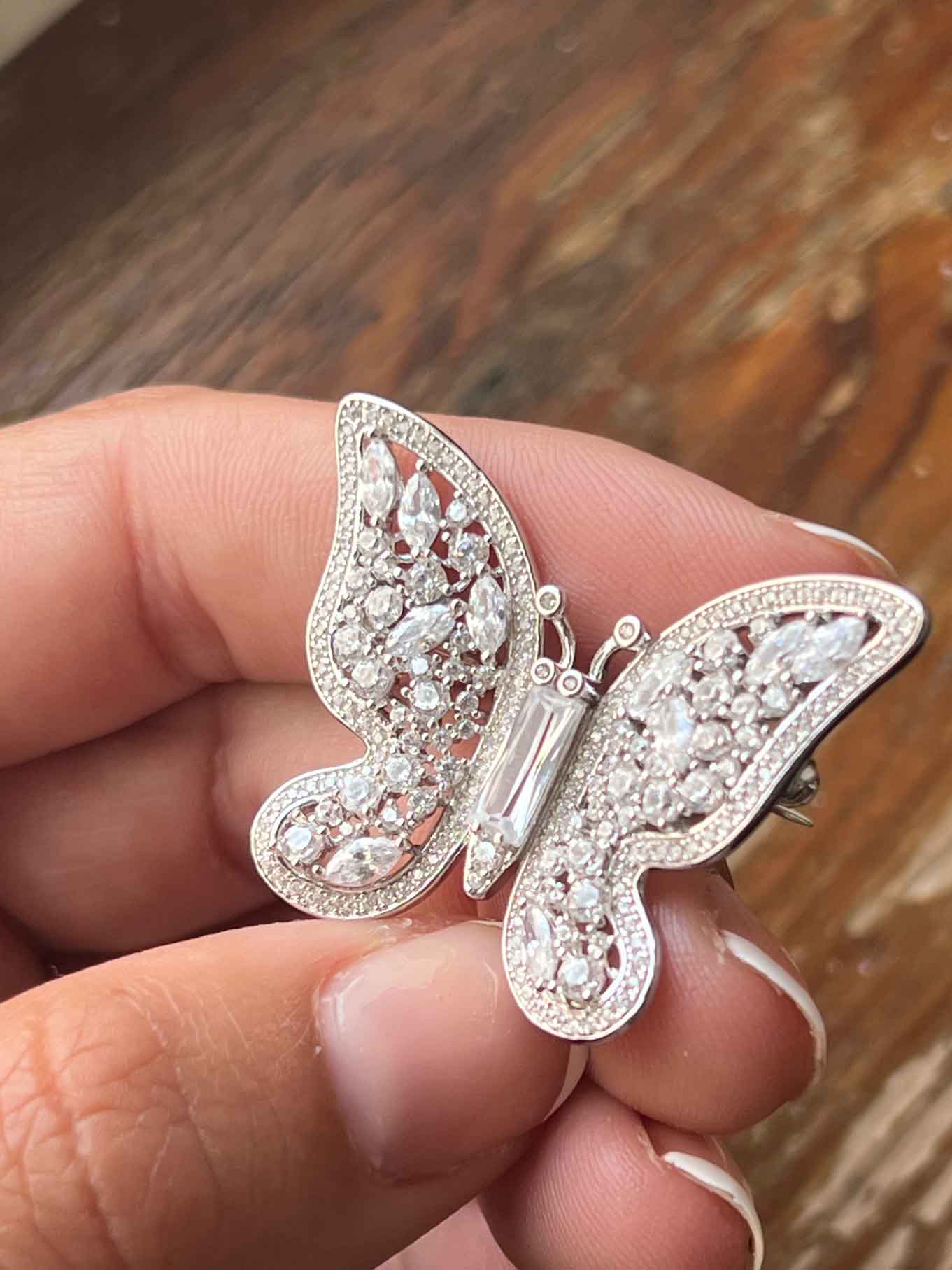 Butterfly silver brooch with cubic zirconia