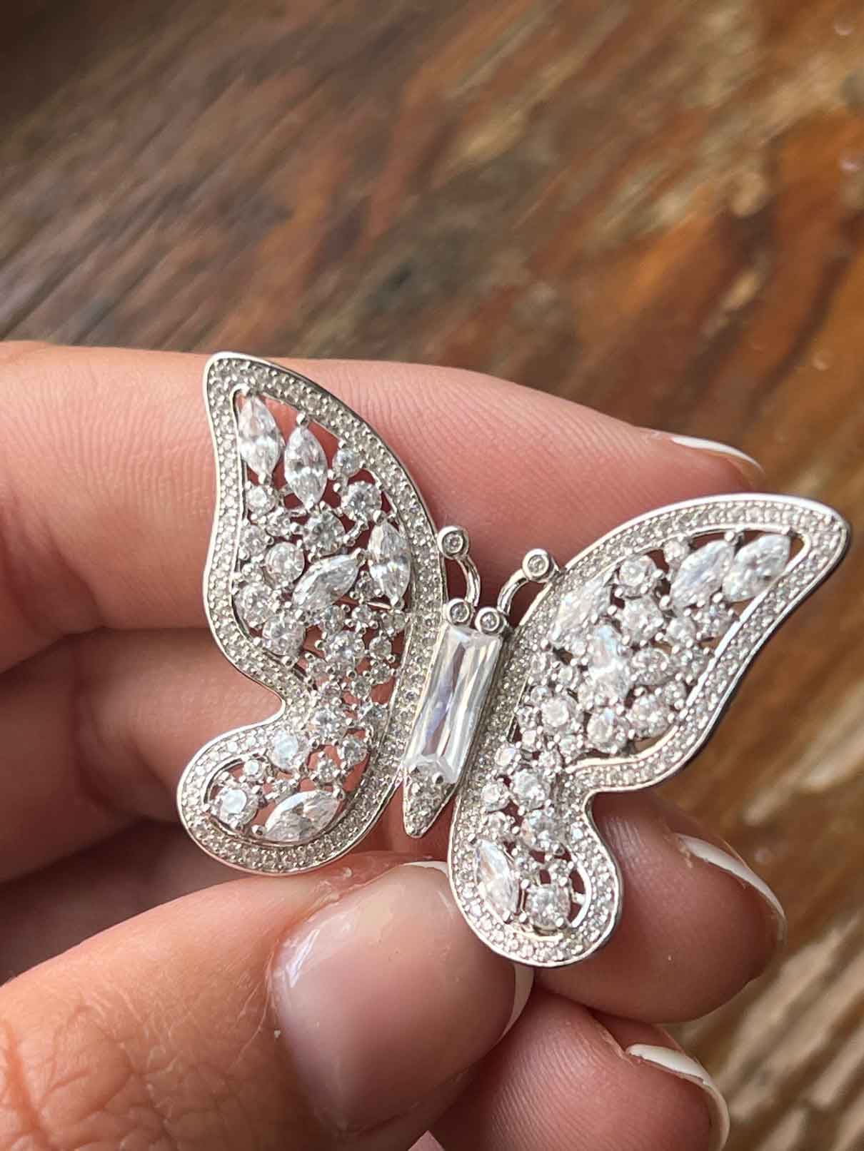 Butterfly silver brooch with cubic zirconia