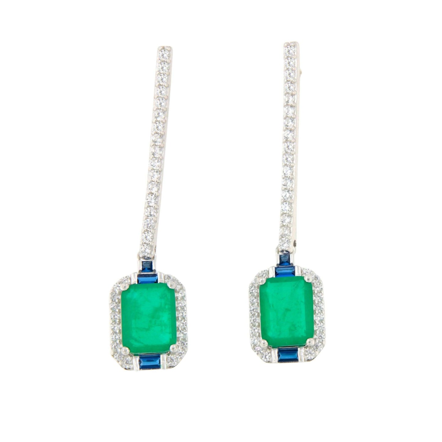 Pendientes ZOE largos en plata primera ley con circonitas y cuarzos esmeralda