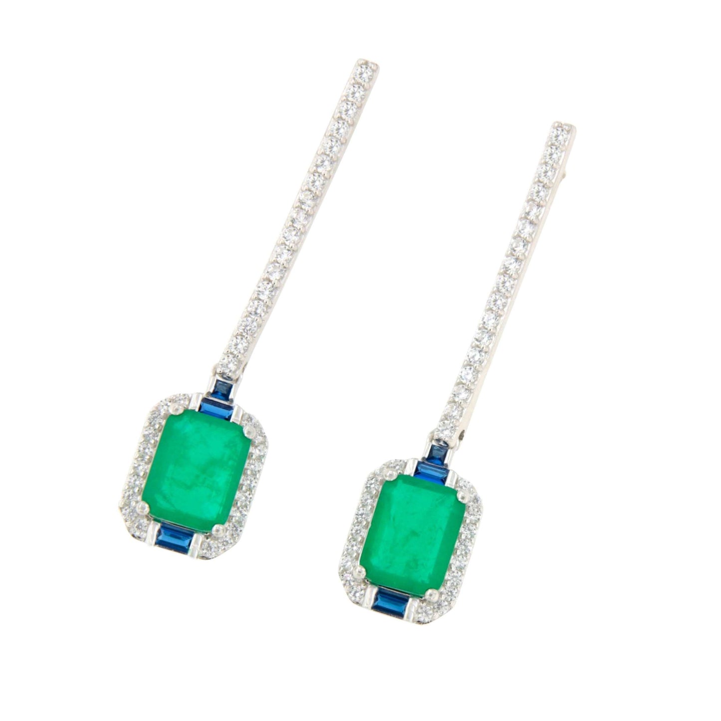 Pendientes ZOE largos en plata primera ley con circonitas y cuarzos esmeralda