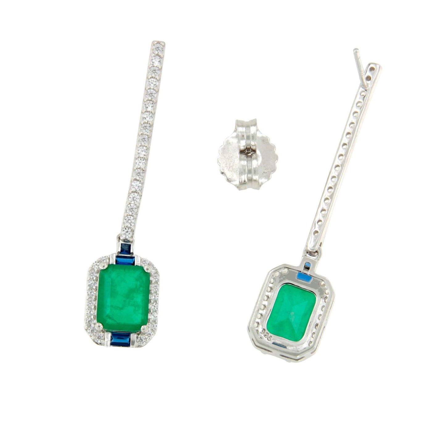 Pendientes ZOE largos en plata primera ley con circonitas y cuarzos esmeralda