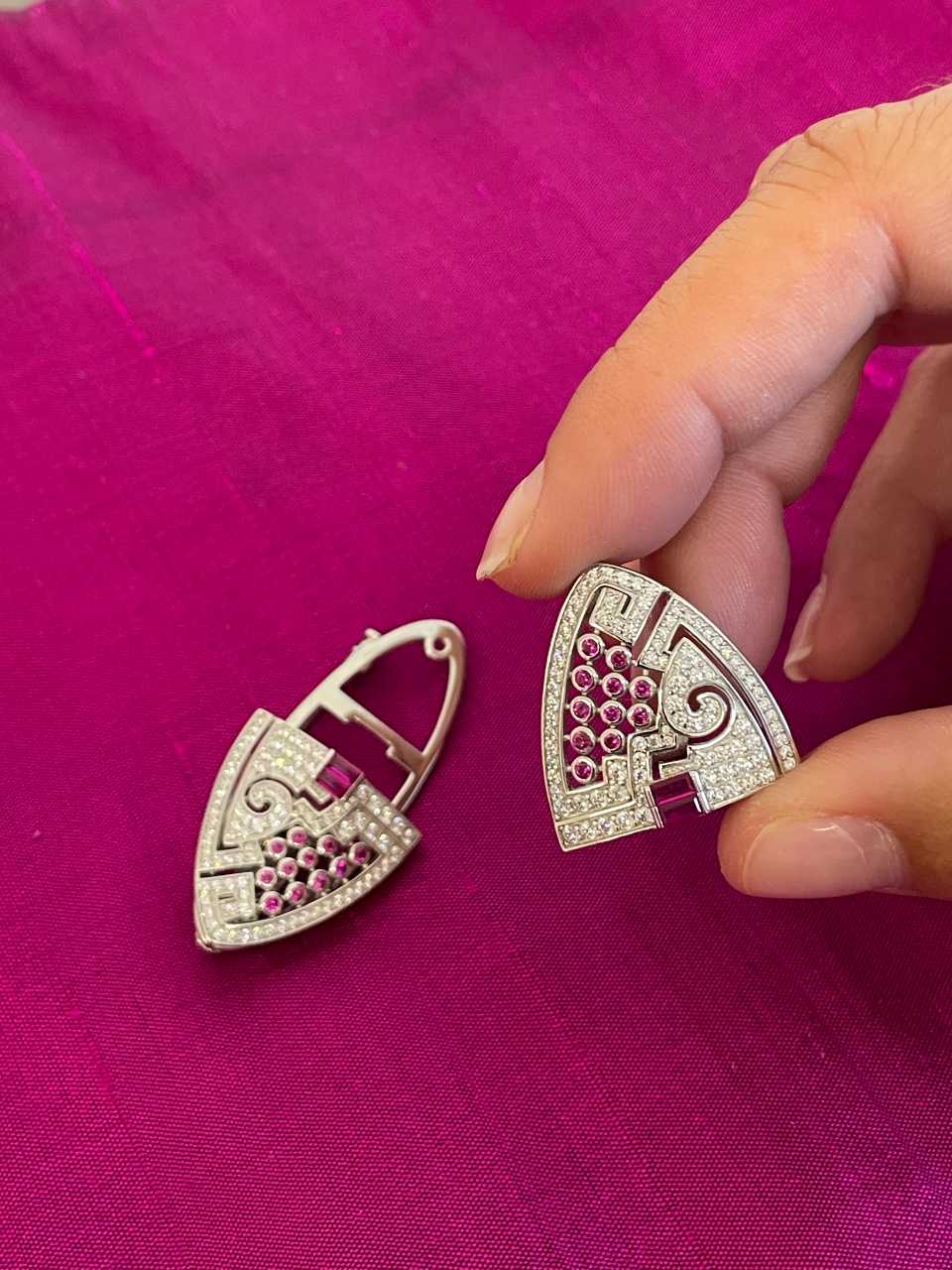 DUBAI detachable brooch on 925 silver earrings with ruby cubic zirconia