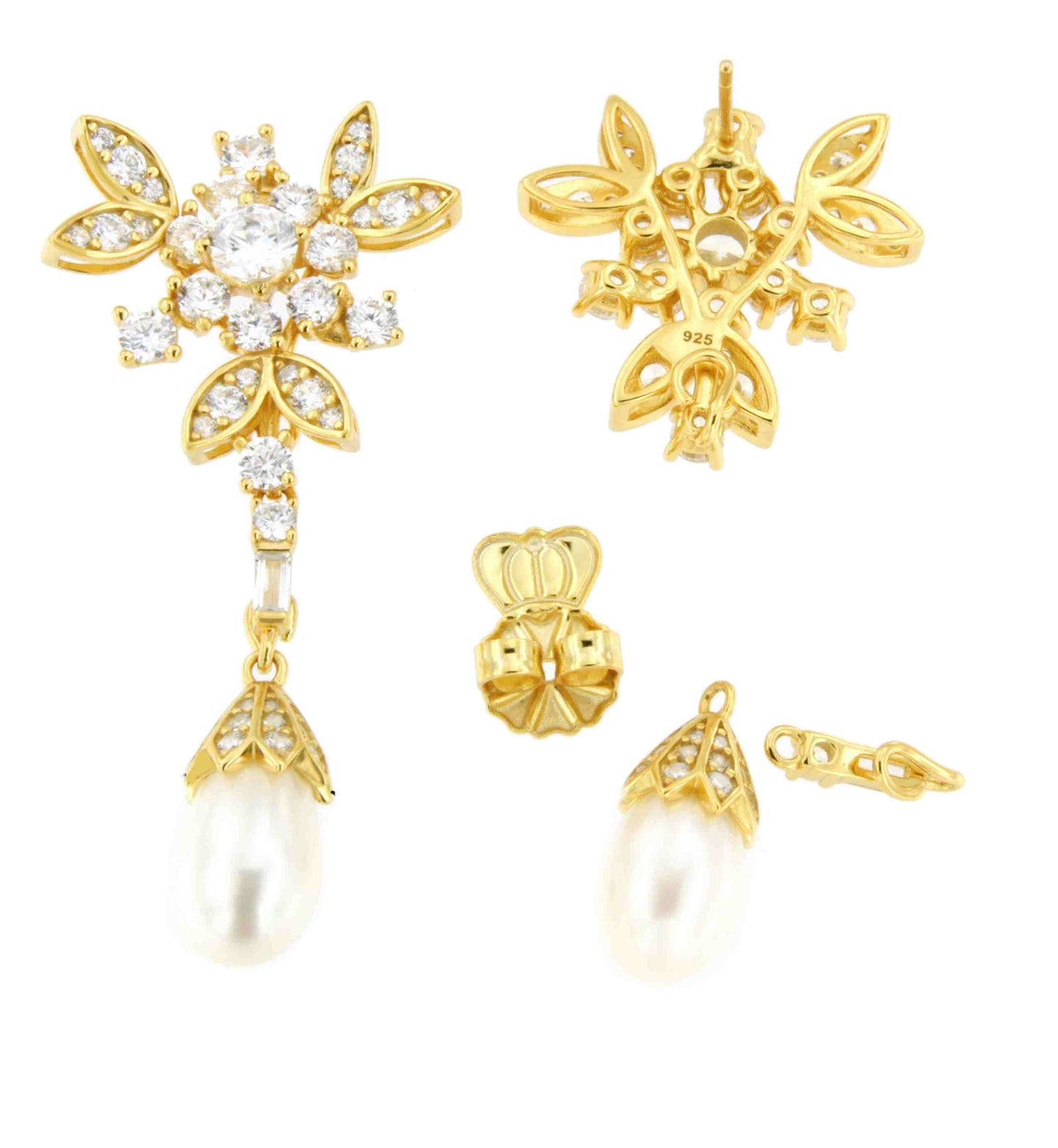 Detachable TAHITI earrings in sterling silver with cubic zirconia and pearls