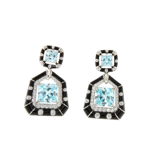 Pendientes MANHATTAN  en plata primera ley con circonitas  aguamarina / esmeralda