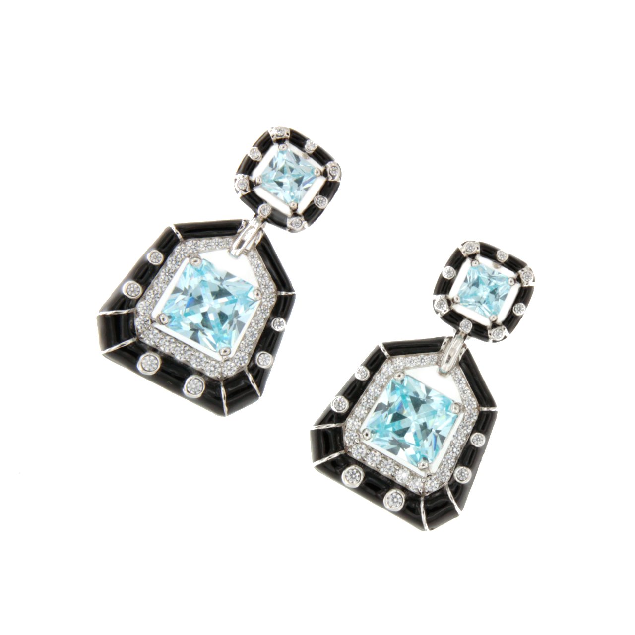 Pendientes MANHATTAN  en plata primera ley con circonitas  aguamarina / esmeralda