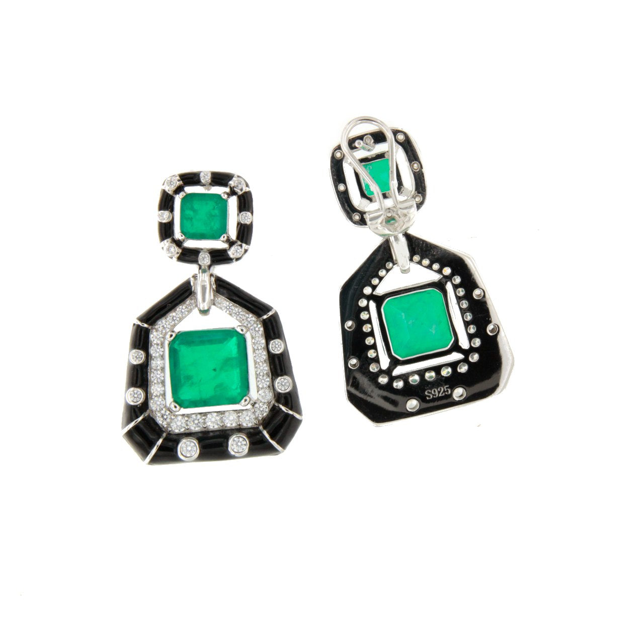 Pendientes MANHATTAN  en plata primera ley con circonitas  aguamarina / esmeralda