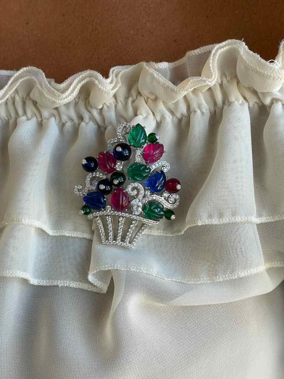 FAUSTA brooch, a wonderful tutti frutti design in 925 sterling silver with cubic zirconia