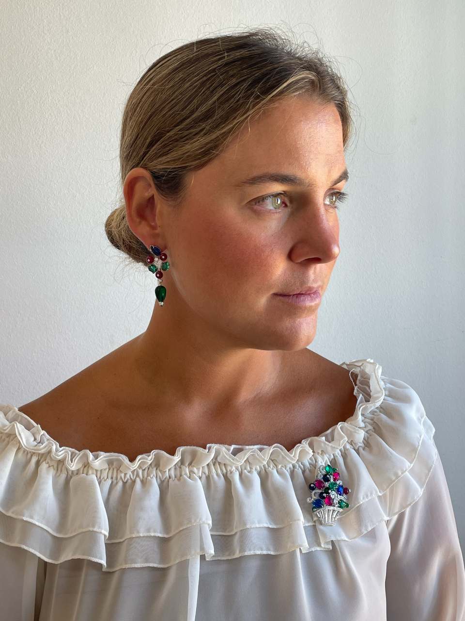 FAUSTA brooch, a wonderful tutti frutti design in 925 sterling silver with cubic zirconia