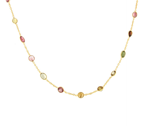 Bone necklace in sterling silver with 18k gold plating and tourmalines