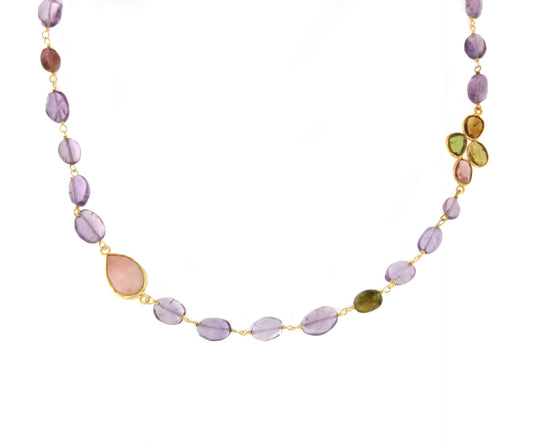 Octopus necklace in sterling silver with 18k gold plating, amethysts and pink opal