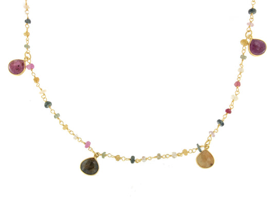 Kiss necklace in sterling silver with 18k gold plating and multicolored sapphires