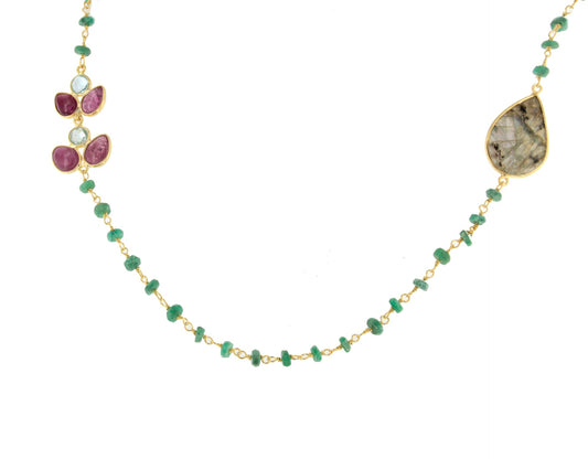 Worm necklace in sterling silver with 18k gold plating and ruby, emeralds and labradorite