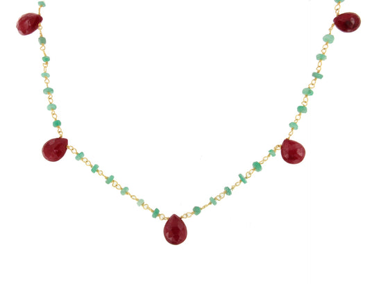 Strawberry necklace in sterling silver with 18k gold plating and ruby and emeralds