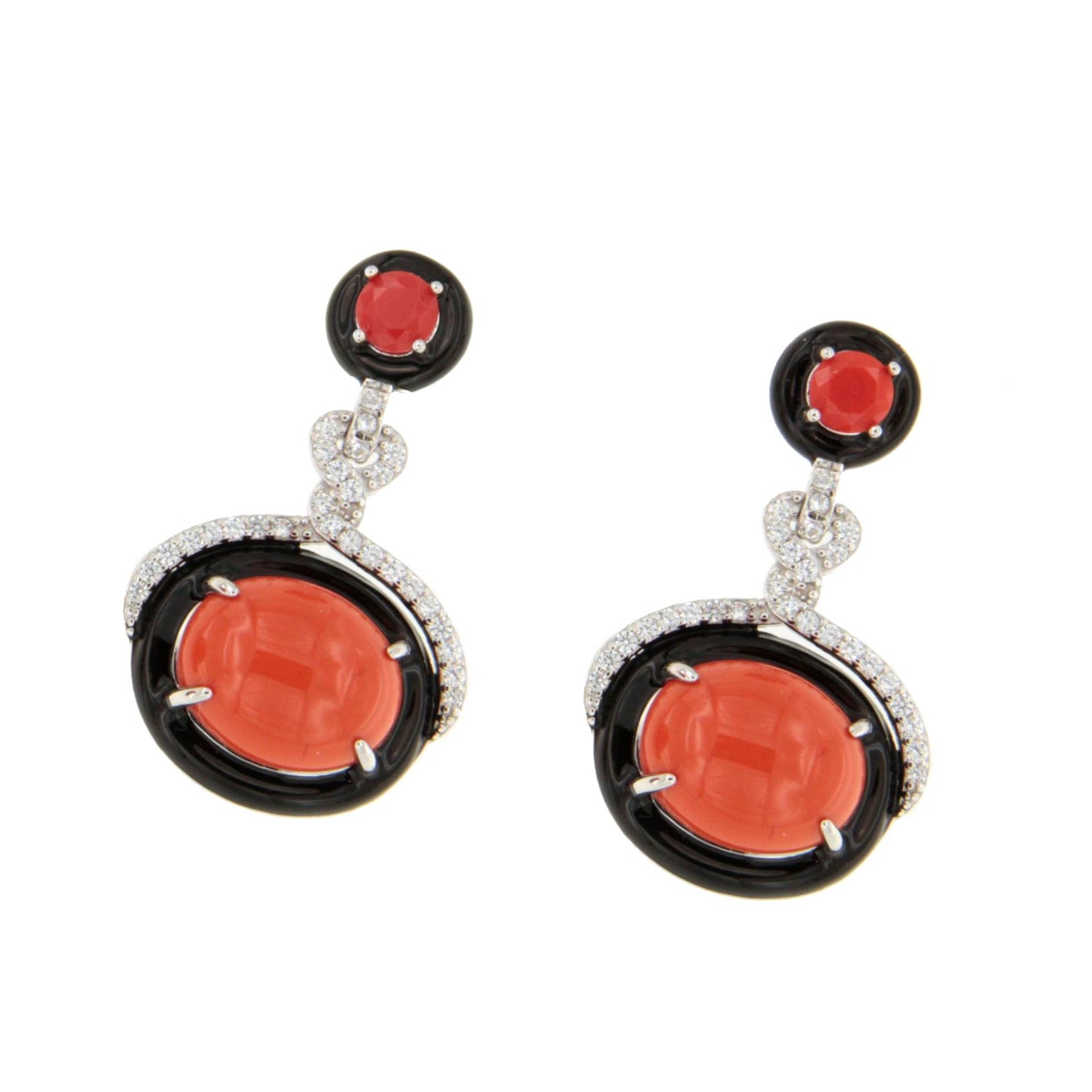 Pendientes NAYLA en plata primera ley con circonitas, esmalte negro y coral