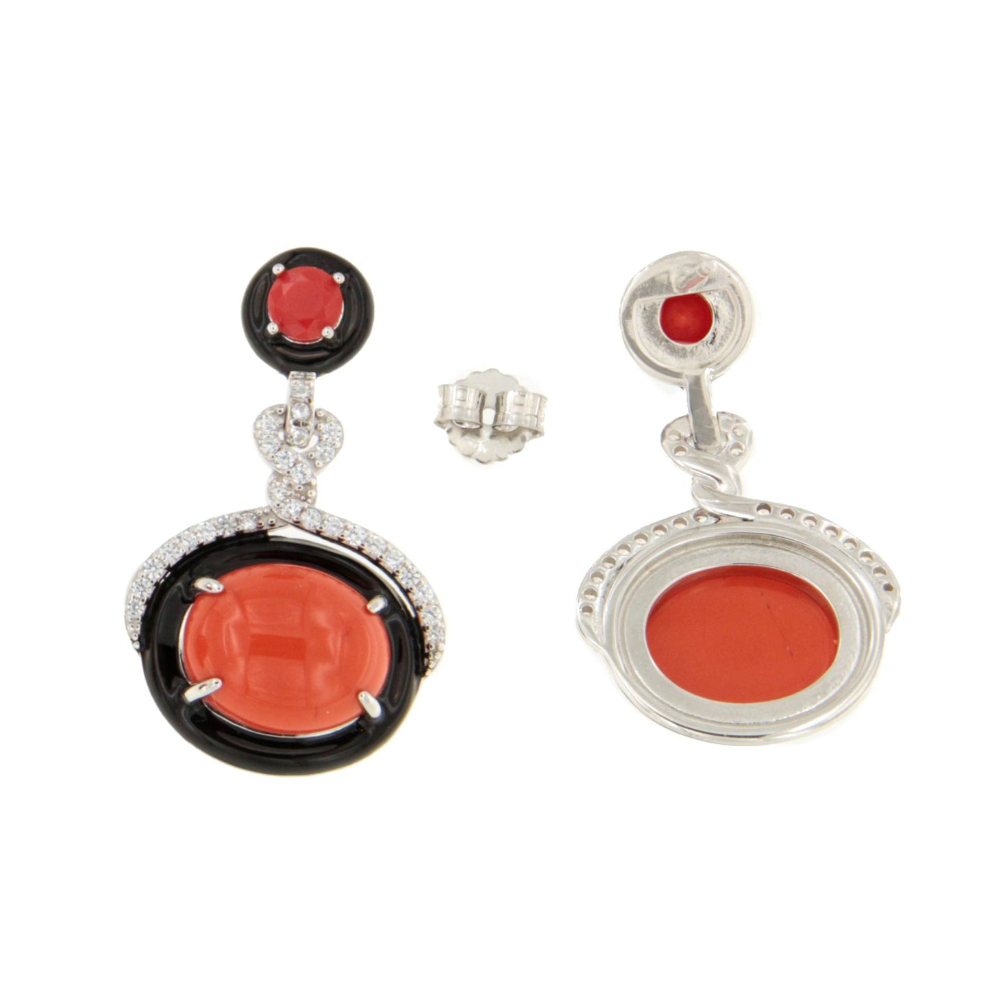 Pendientes NAYLA en plata primera ley con circonitas, esmalte negro y coral