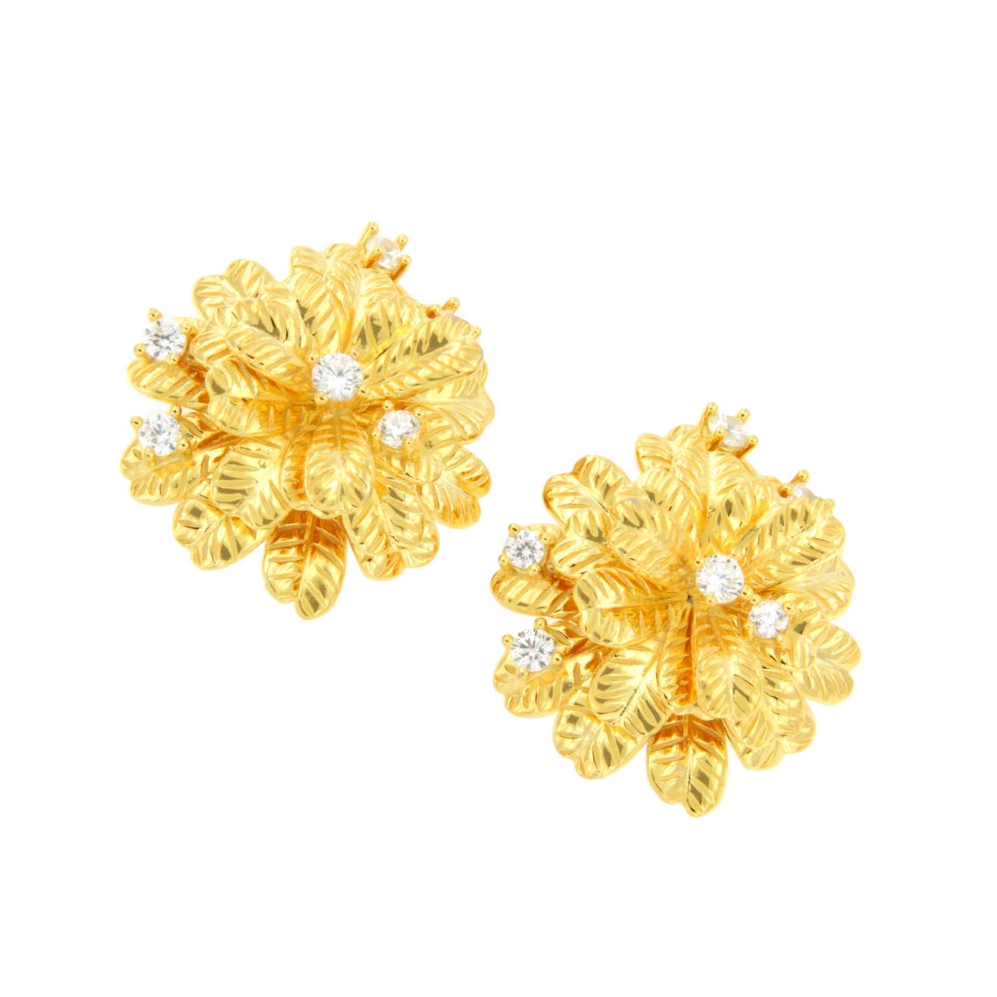 Pendientes MIRENA, flor en plata con baño de oro 18 ktes y circonitas