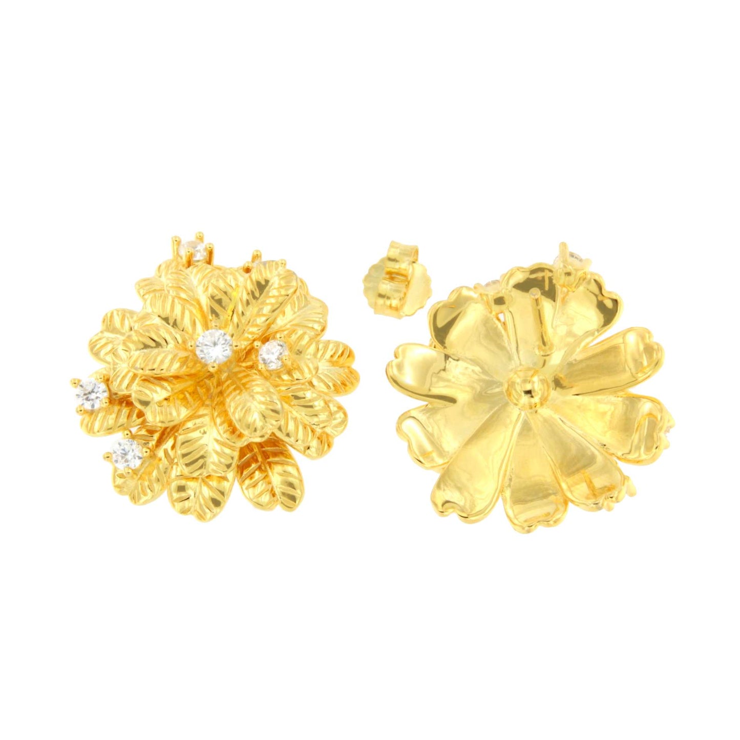 Pendientes MIRENA, flor en plata con baño de oro 18 ktes y circonitas