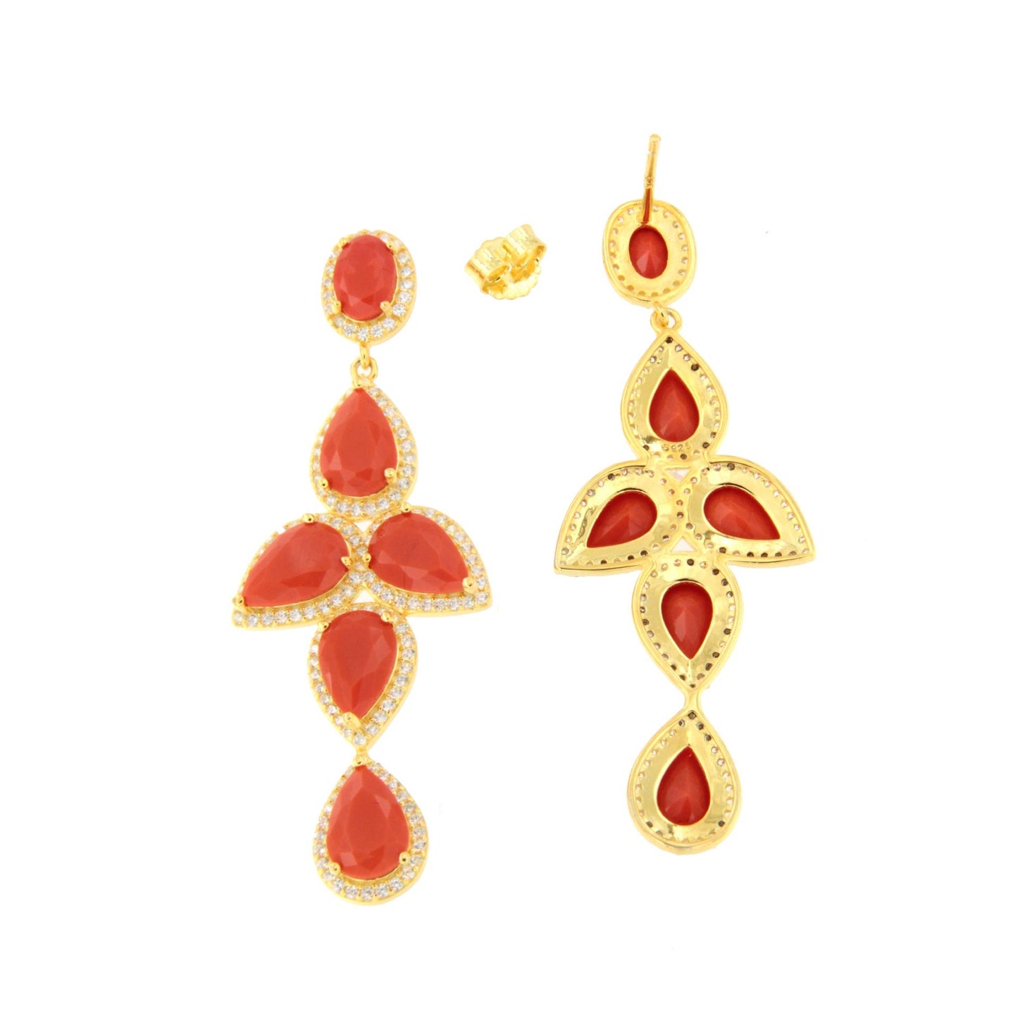 Pendientes NAIRA, en plata primera ley bañada en oro 18 kilates coral / turquesa/ ónix
