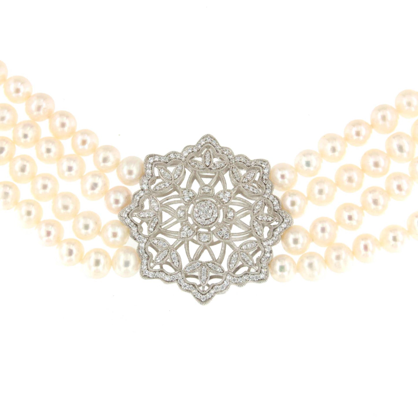 SISSI choker made of Chinese pearls with a silver center and cubic zirconia