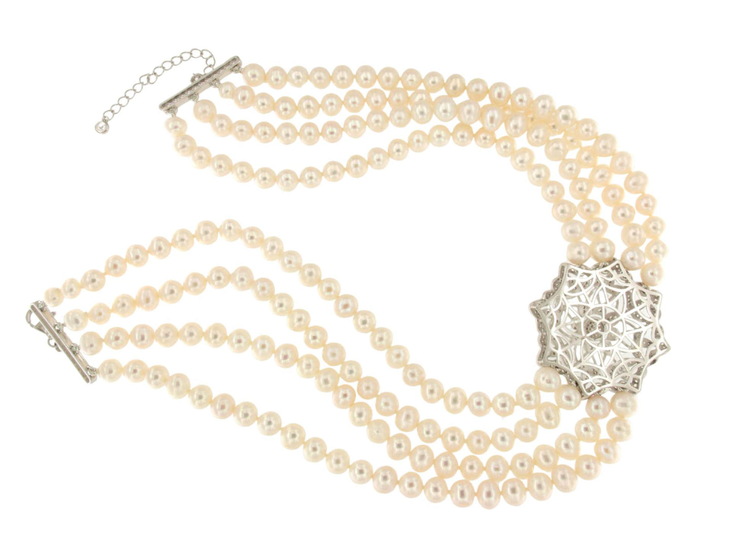 SISSI choker made of Chinese pearls with a silver center and cubic zirconia