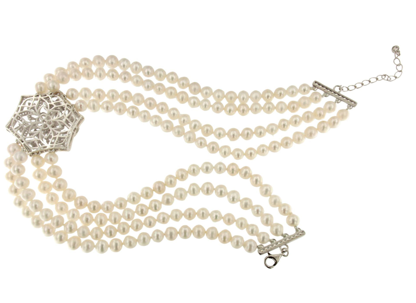 SISSI choker made of Chinese pearls with a silver center and cubic zirconia