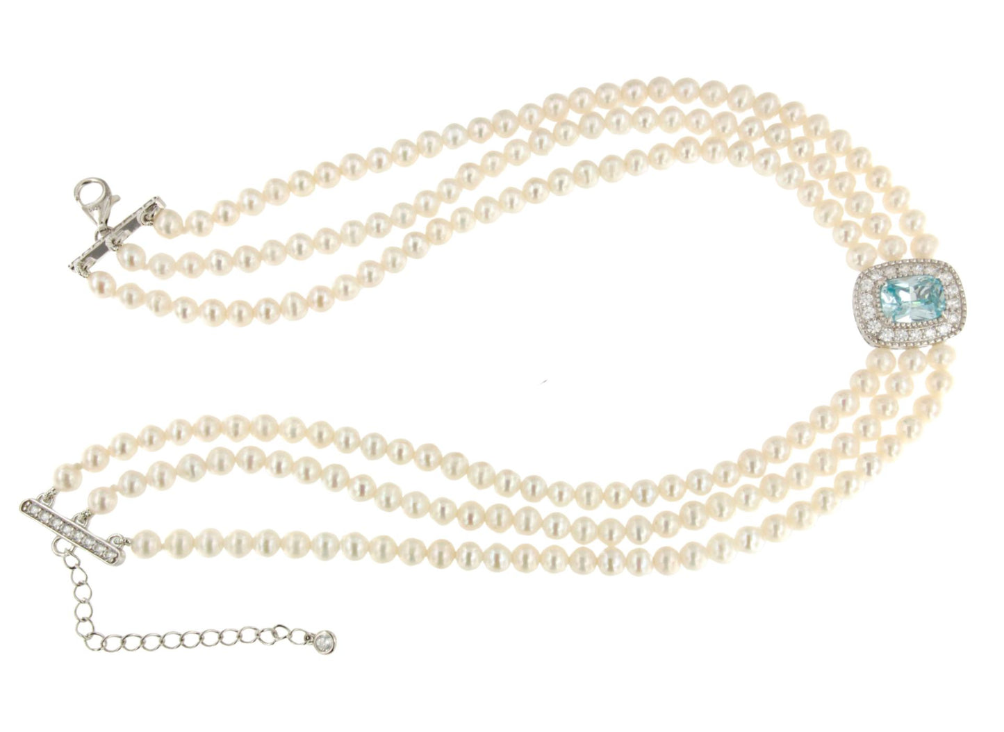 Choker LUNARIA de perlas chinas con centro de plata y circonitas blancas y aguamarina