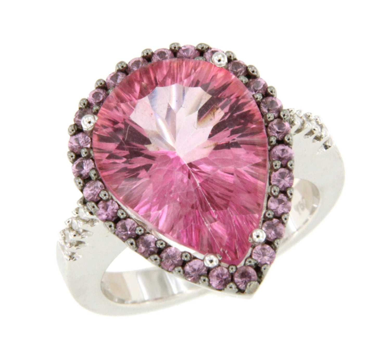 Anillo ABADES morganita con brillante y zafiros rosas en oro blanco 18 ktes