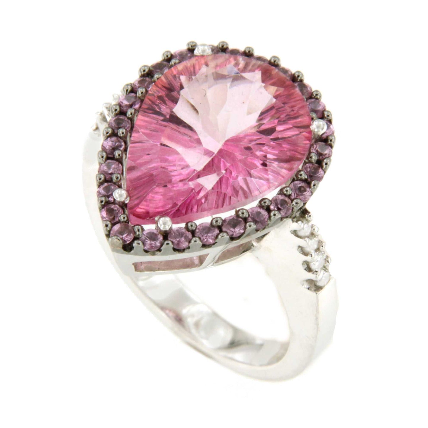 Anillo ABADES morganita con brillante y zafiros rosas en oro blanco 18 ktes