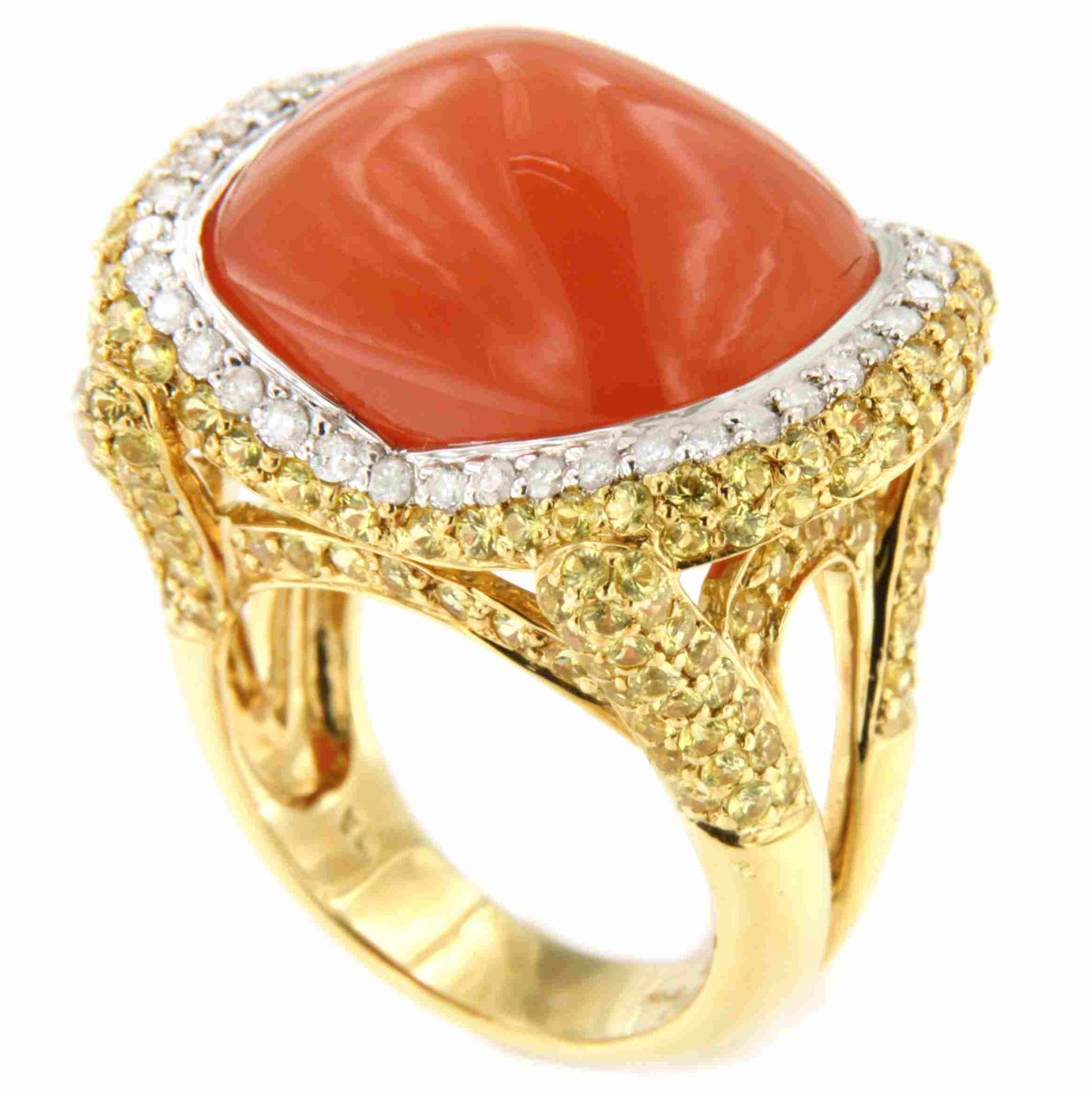 Anillo ANAYA opalo naranja con brillante y zafiros amarillos en oro 18 ktes