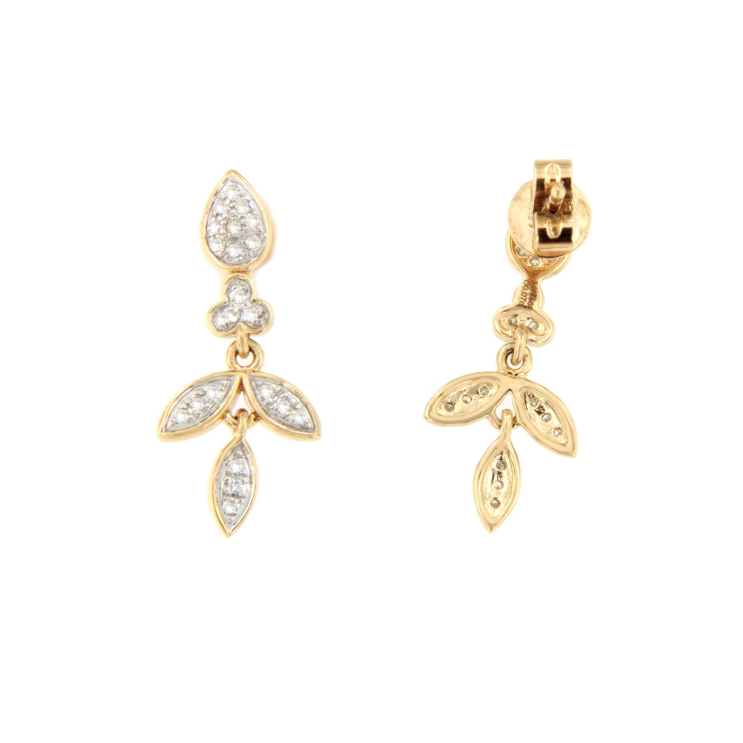 Pendientes BAKU hojas con brillantes en oro amarillo y blanco en 14 ktes.