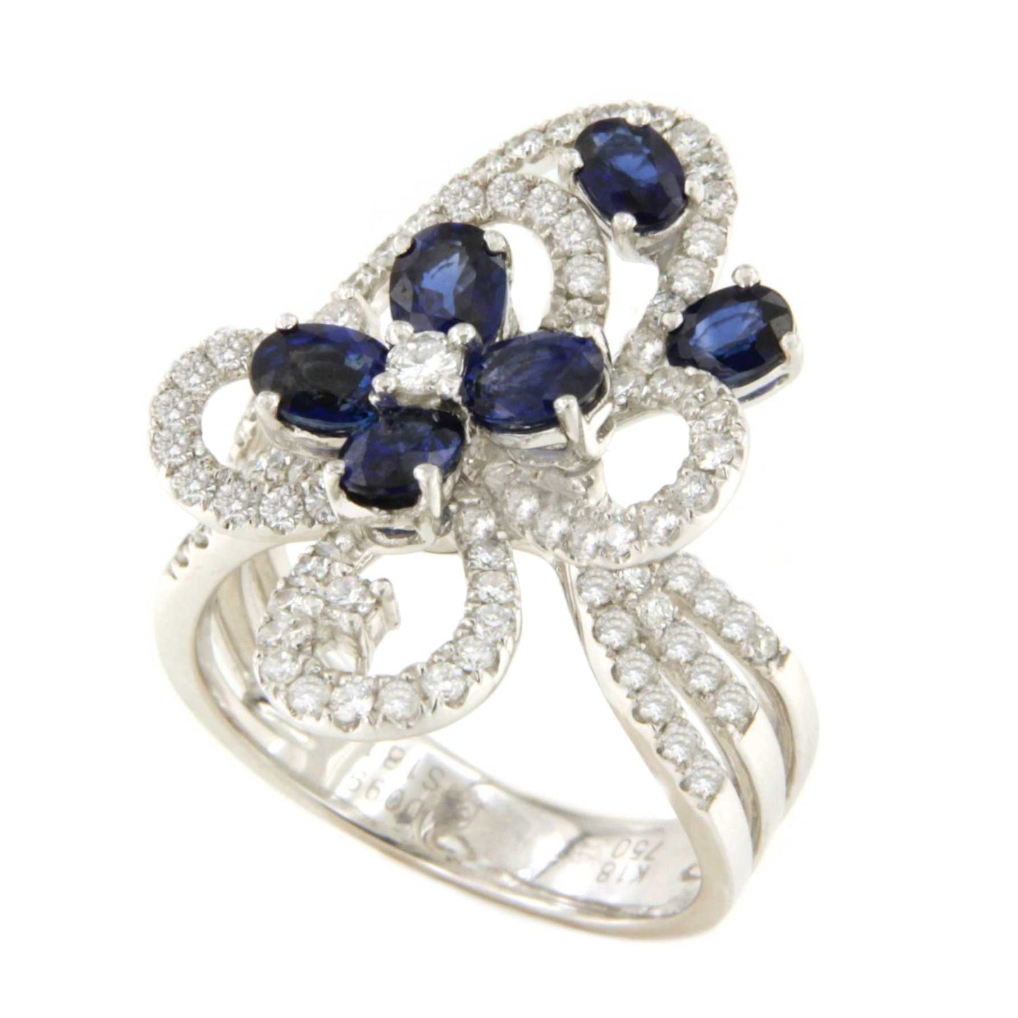 MANRESA ring in 18-karat white gold with oval sapphires and diamonds.