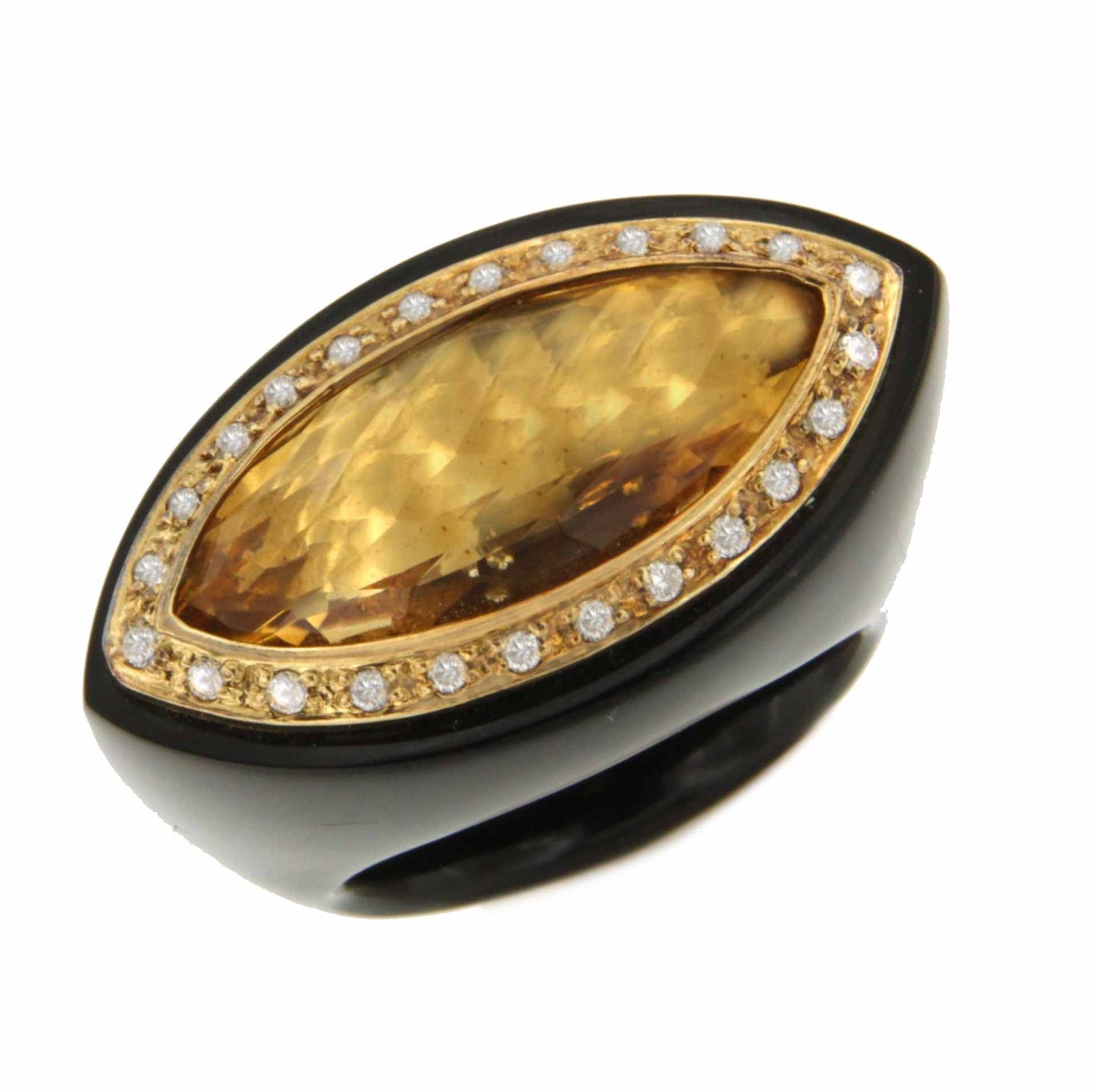 Anillo COMILLAS de onix con oro amarillo 18 kilates citrino y brillantes.