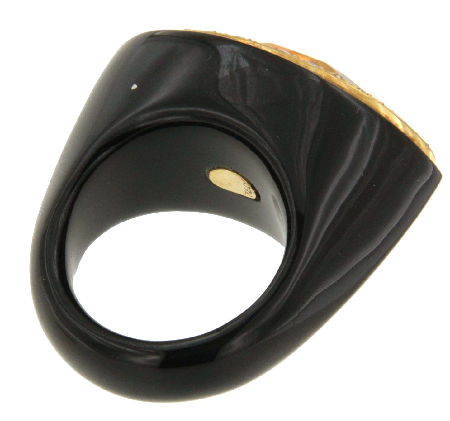 Anillo COMILLAS de onix con oro amarillo 18 kilates citrino y brillantes.