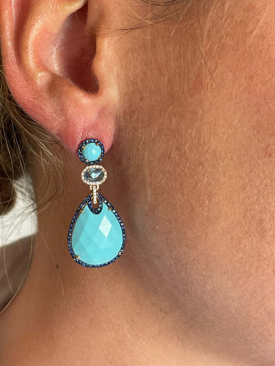 Long rose gold earrings with sapphire, diamond and turquoise