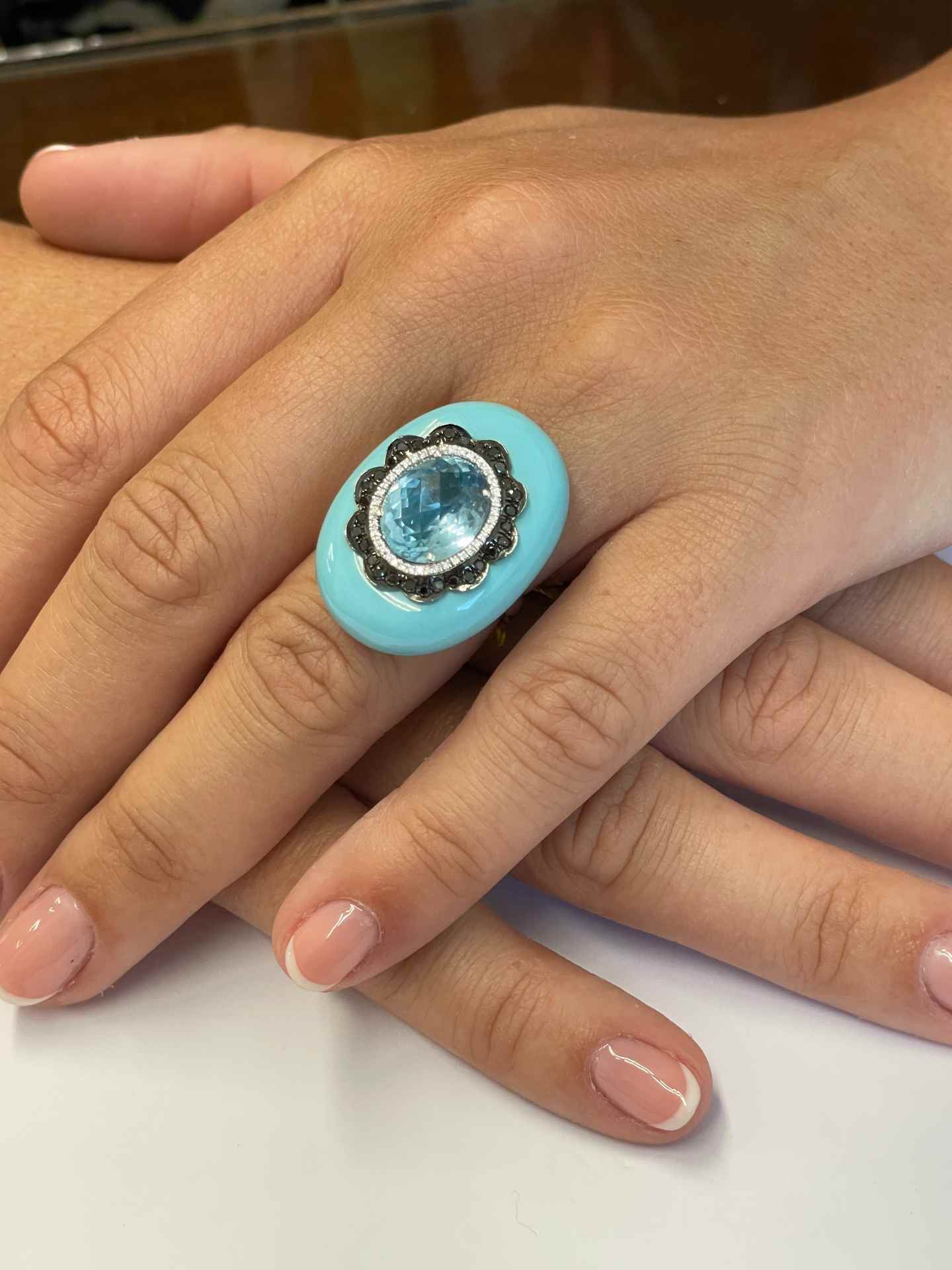 Anillo BARQUERA turquesa con aguamarina y brillantes en oro blanco 18 ktes