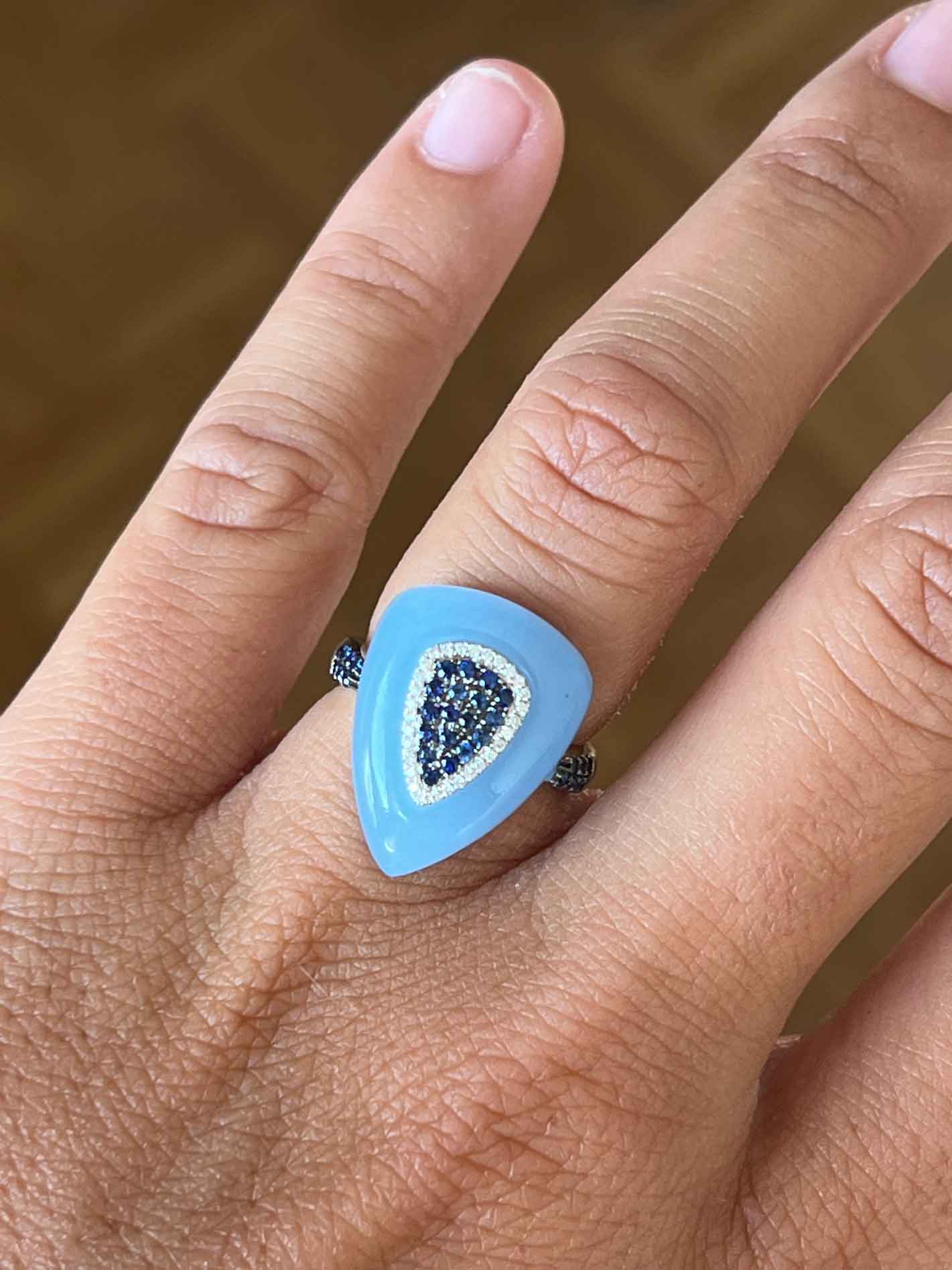 SALSA, white gold ring, light blue chalcedony, diamond and sapphire