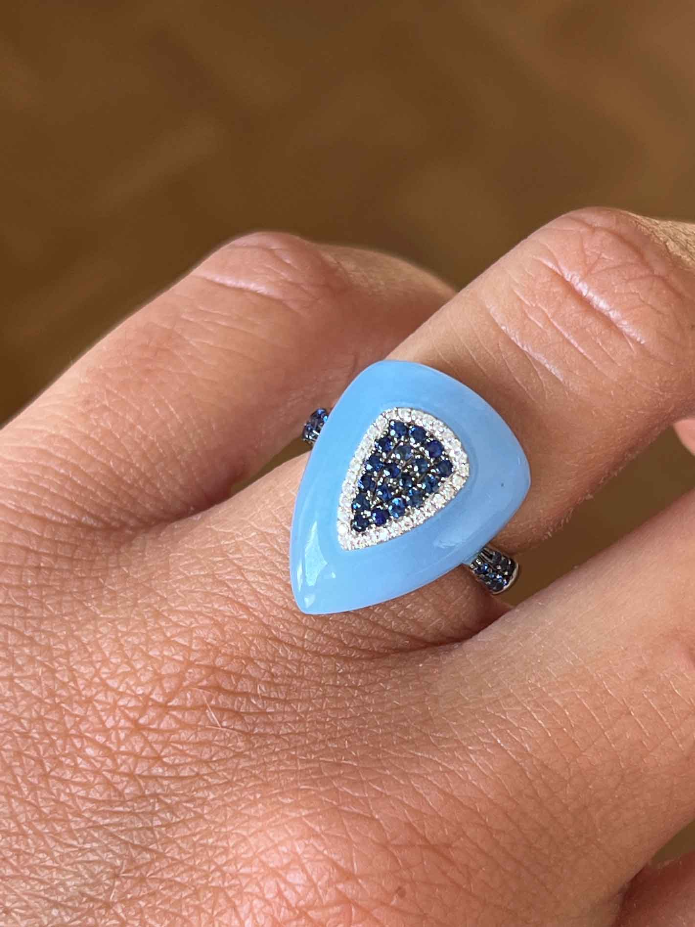 SALSA, white gold ring, light blue chalcedony, diamond and sapphire