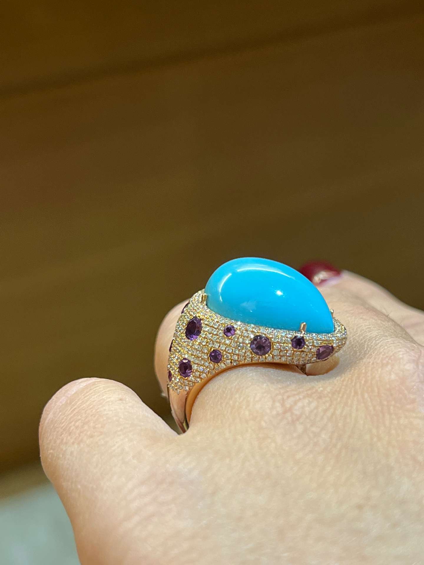 POLCA, rose gold ring, diamond, amethyst and chalcedony