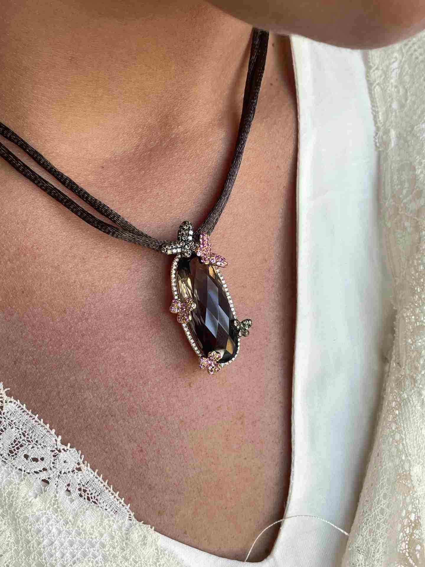 18k rose gold BEE pendant with diamonds, topaz and pink sapphires