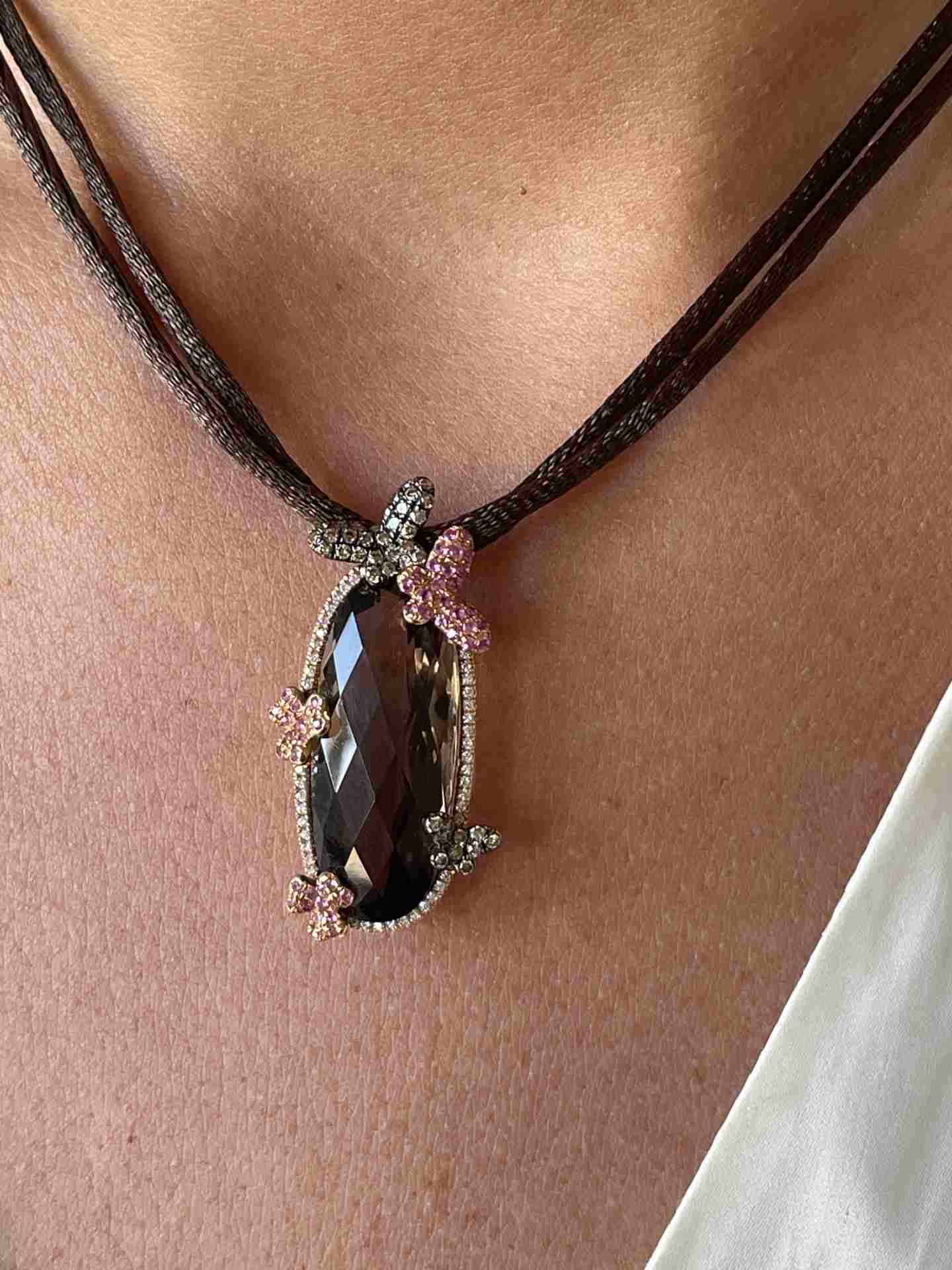 18k rose gold BEE pendant with diamonds, topaz and pink sapphires