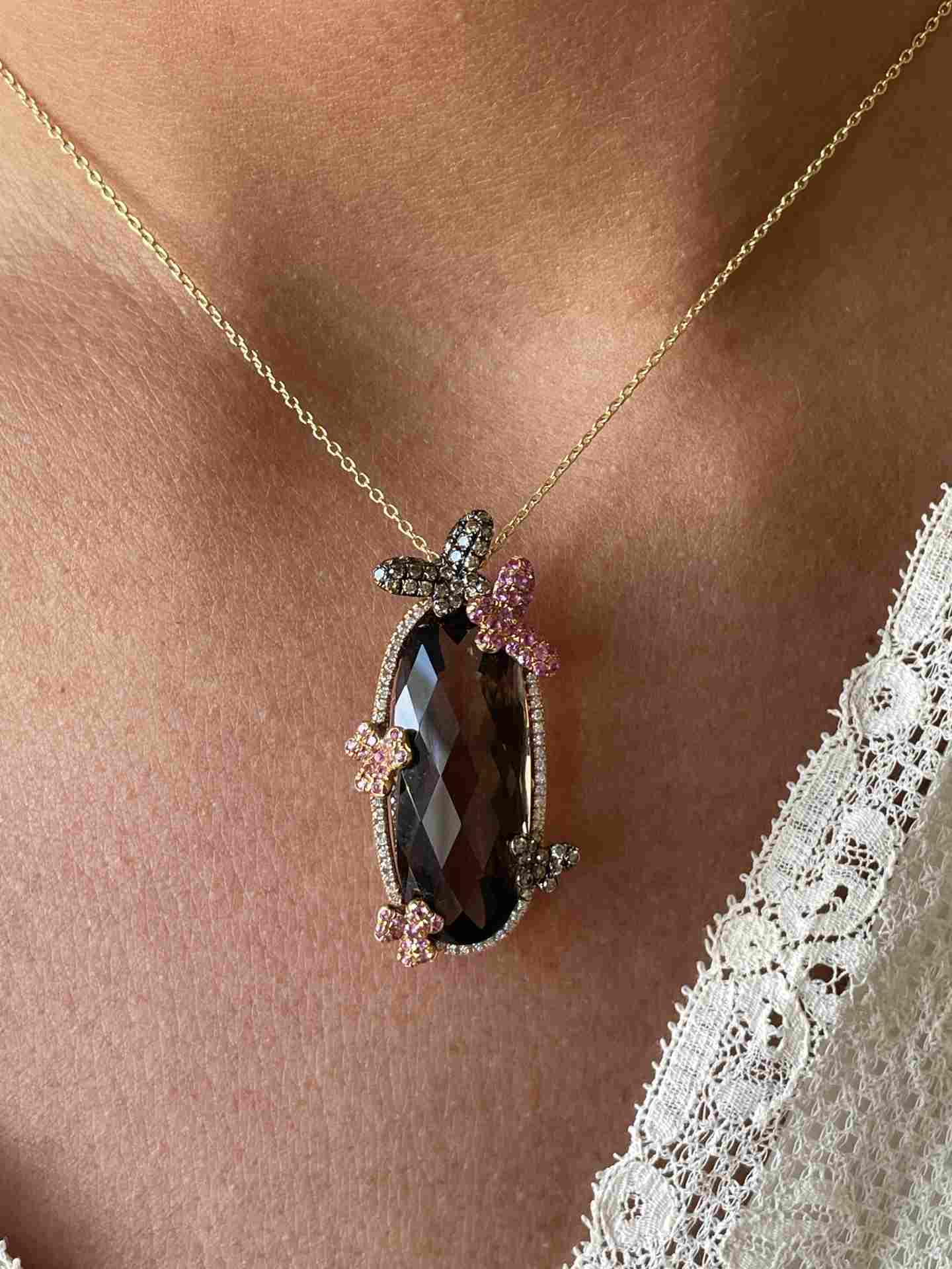 18k rose gold BEE pendant with diamonds, topaz and pink sapphires