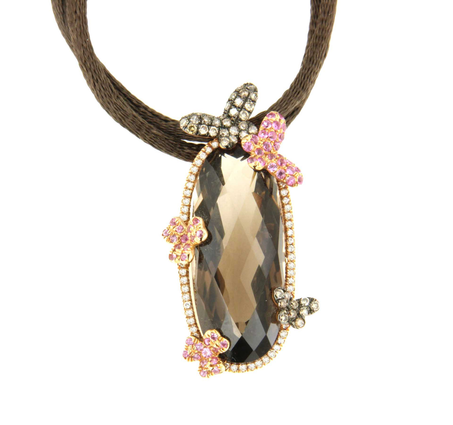 18k rose gold BEE pendant with diamonds, topaz and pink sapphires