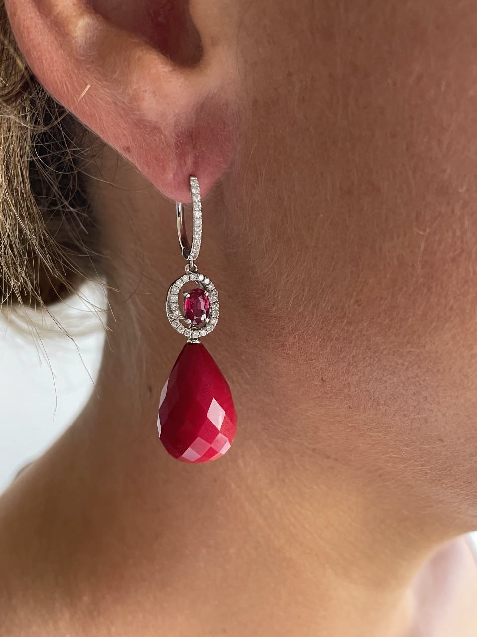 BRIGA, long diamond and ruby earrings