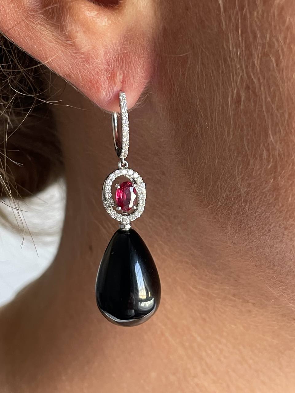 BRIGA, long diamond and ruby earrings