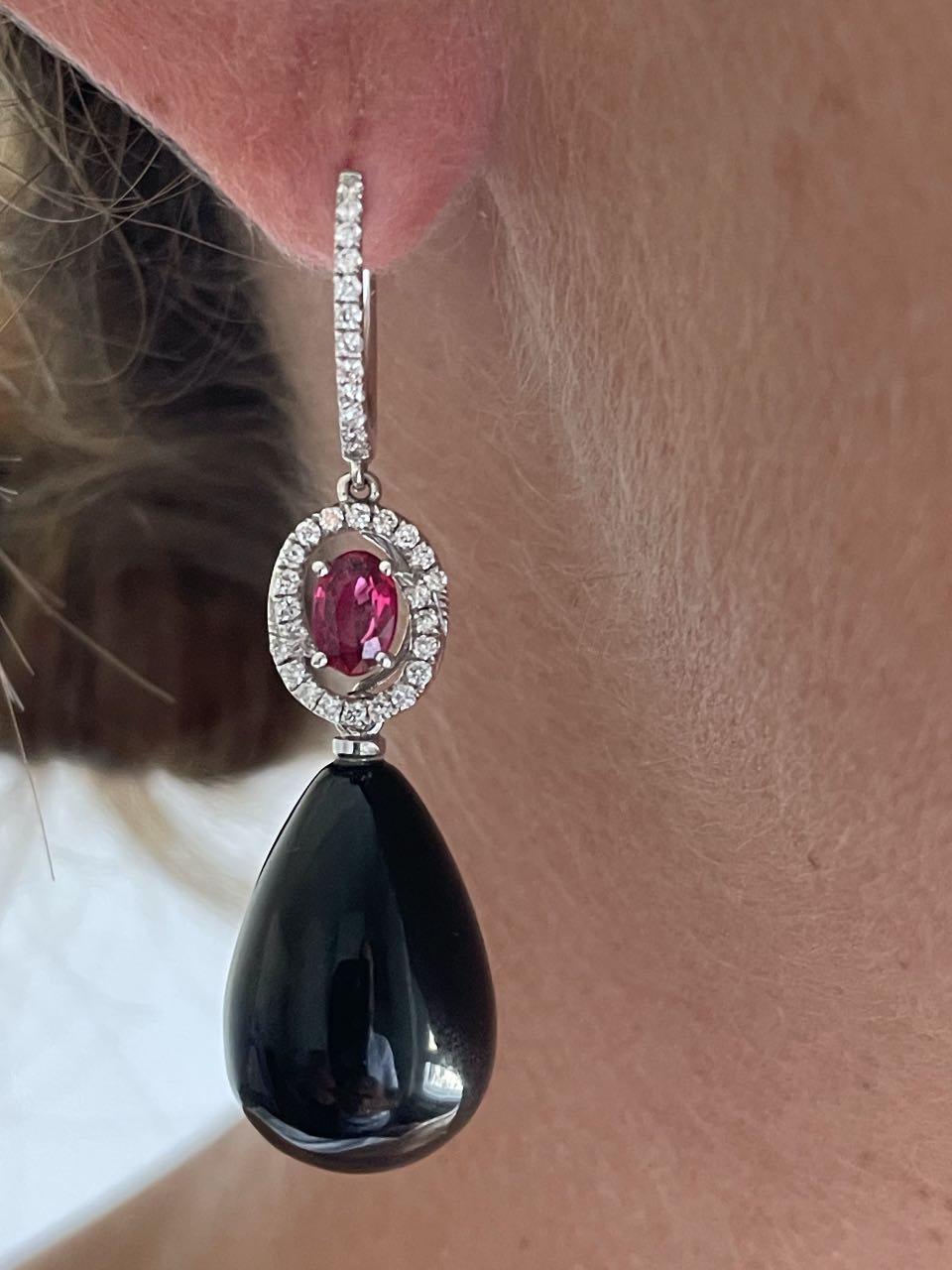 BRIGA, long diamond and ruby earrings