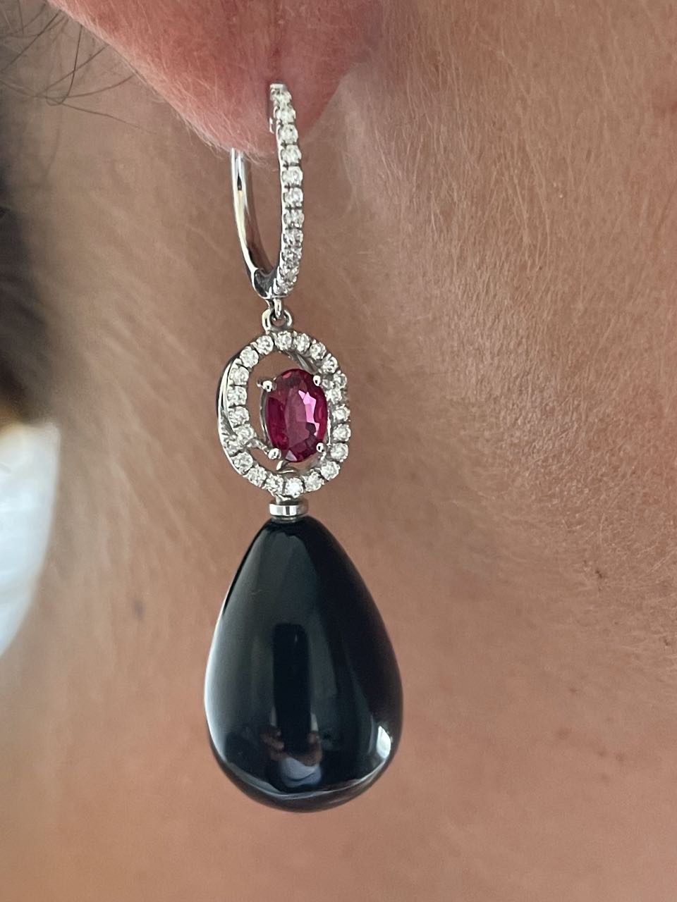 BRIGA, long diamond and ruby earrings