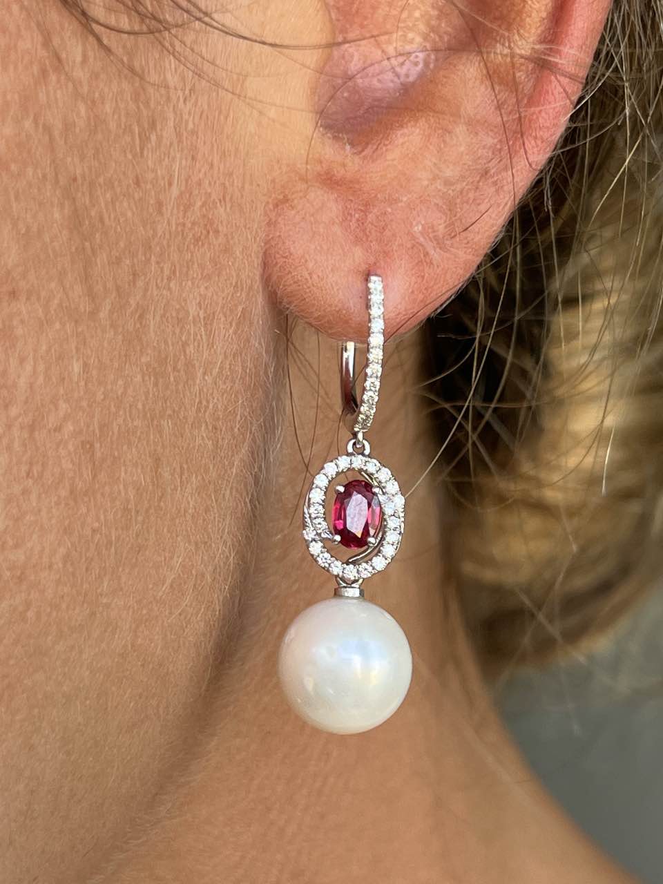 BRIGA, long diamond and ruby earrings