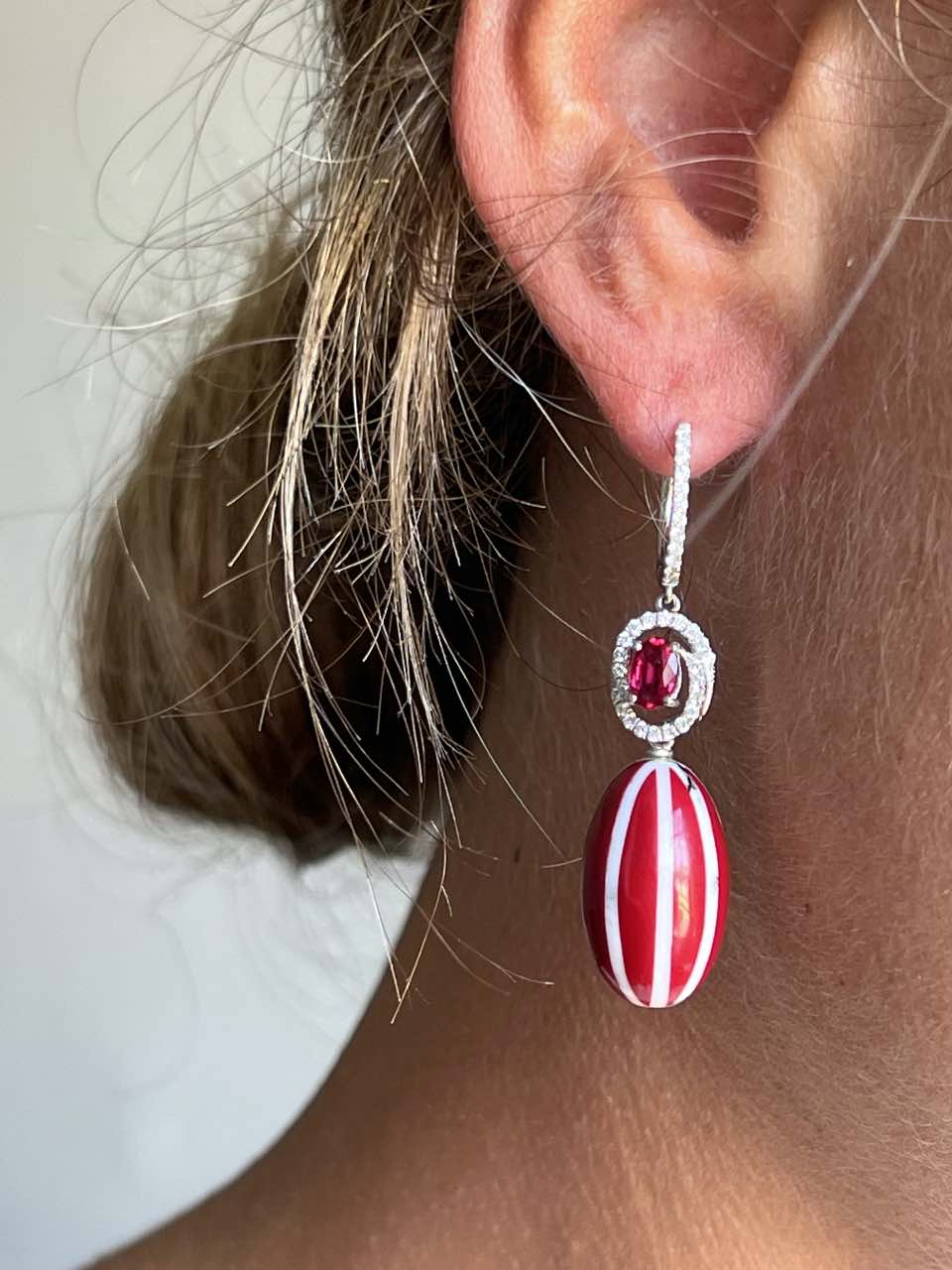 BRIGA, long diamond and ruby earrings