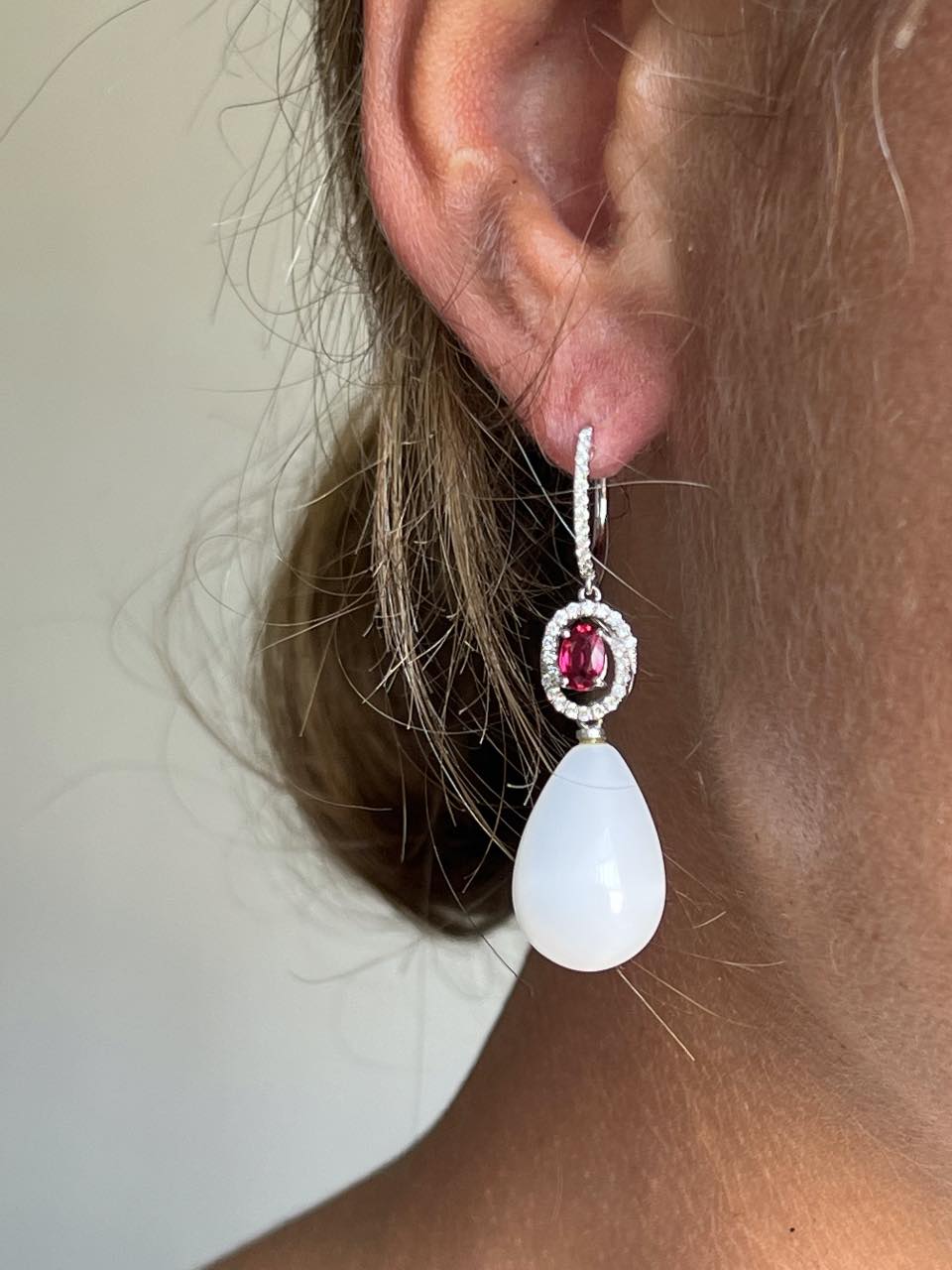 BRIGA, long diamond and ruby earrings